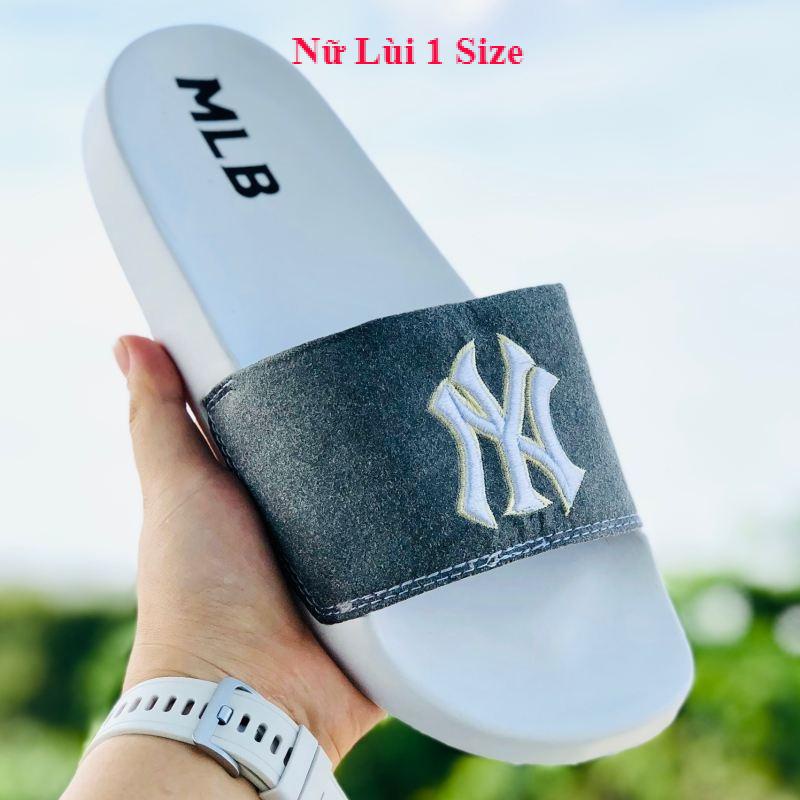 Dép unisex 𝐌𝐋𝐁 ❤️FREESHIP + Hộp❤️ dép mlb bóng chày quai ngang thể thao nữ in NY da lộn, đế ip bền, trắng-xám