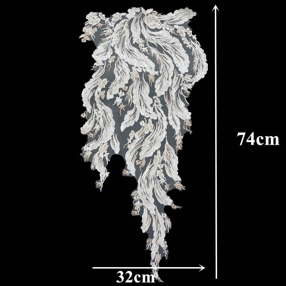 Vải Ren Thêu Hoa Đính Kim Sa Cỡ Lớn Màu Sâm Panh Dùng May Váy Cưới diy