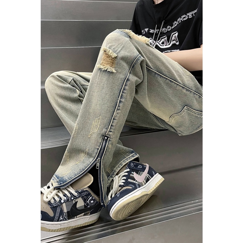 Quần Jean Xanh Bạc Rách Gối Kèm Khóa Zipper Siêu Đẹp