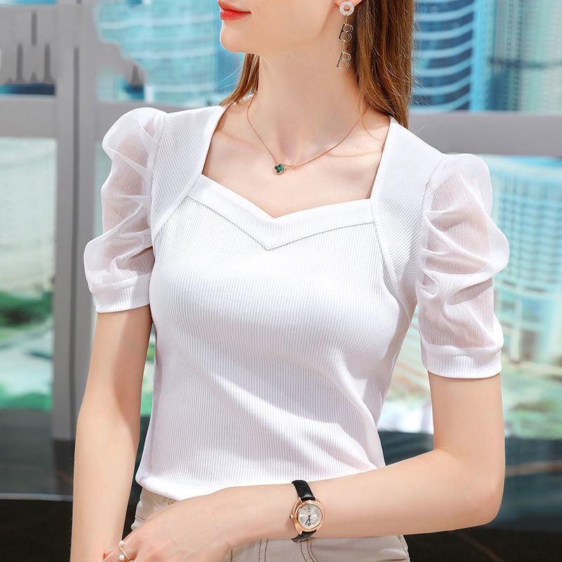 Áo Thun Lụa Lạnh Tay Phồng Ngắn Thời Trang Mùa Hè Mới Cho Nữ
