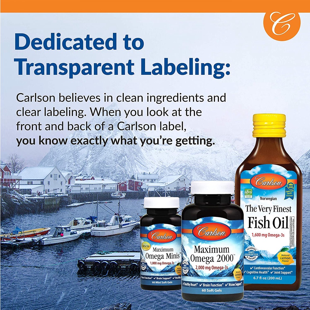 Carlson Labs The Very Finest Fish Oil Liquid 200ml - Dầu cá dạng nước 1600mg Omega 3 Chai thuỷ tinh