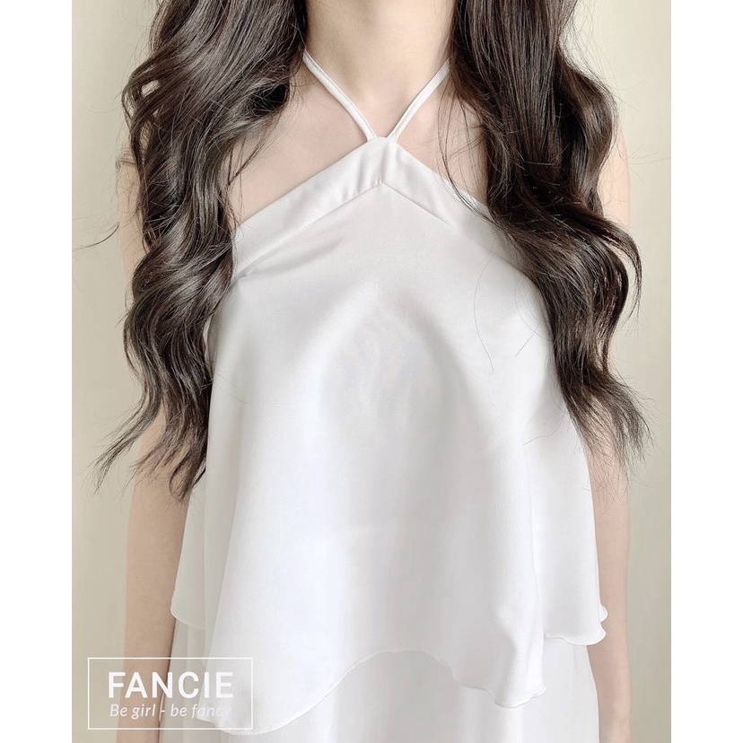 Đầm trắng cổ yếm xòe tầng chất voan lụa đầm dự tiệc sang trọng - 3 tầng voan