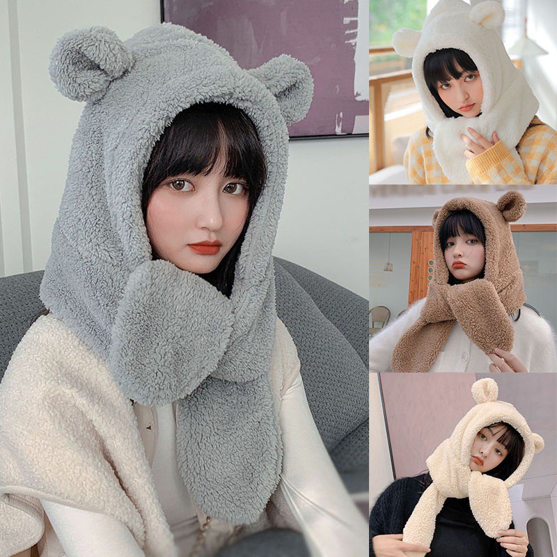 Mũ Yếm Lông Cừu Hình Tai Gấu Thời Trang Xinh Xắn Cho Nữ