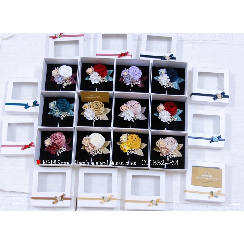 Hoa cài áo handmade mẫu hồng cuộn mix 2 hoa dạ và cành trai siêu xinh