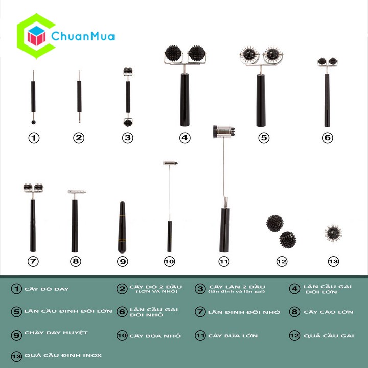 Bộ Dụng Cụ Diện Chẩn Gia Đình - 13 Món (Dò Day, Lăn Gai Đôi, Lăn Đinh Đôi Lớn Nhỏ, Cào Lớn, Búa, Trái Cầu Gai,....)