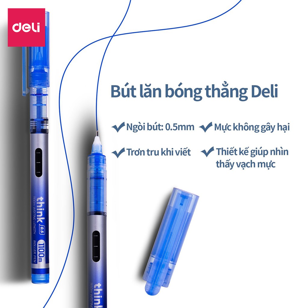 Bút bi nước mực gel xanh nắp đậy ngòi 0.5mm Deli nhanh khô lâu hết mực tiện lợi viết đều trơn tru chất lượng cao EQ300