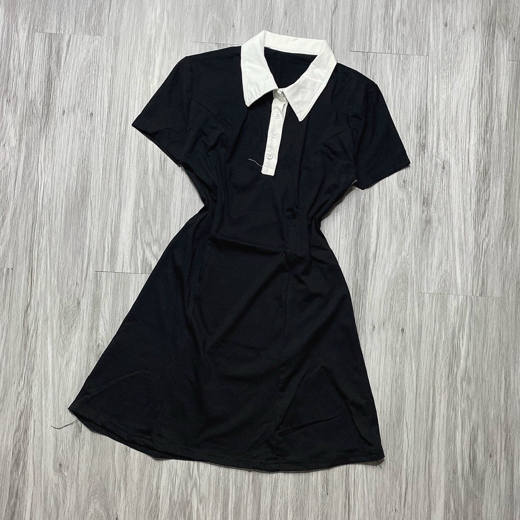 đầm dáng xòe A cổ bẻ viền trắng chất coton đẹp pu