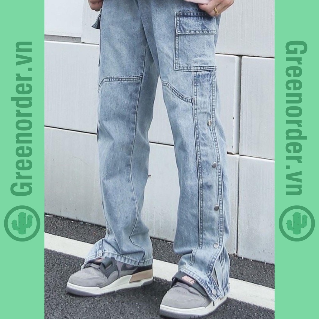 Quần jean ống rộng unisex túi hộp và cúc bấm dọc quần phong cách hiphop