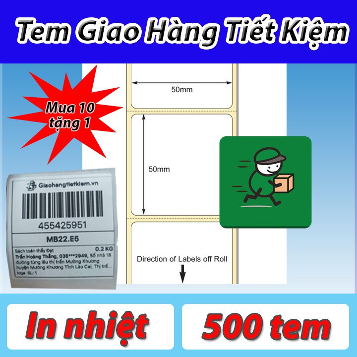 Giấy in tem nhiệt 50x50mm, tem Giao Hàng Tiết Kiệm