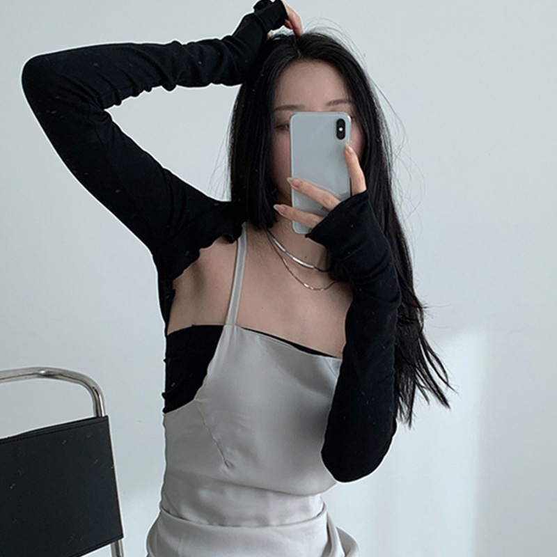 Flgo Áo Cardigan Ôm Dáng Tay Dài Khoét Lỗ Ngón Cái Màu Trơn Chống Nắng Vừa Vặn Cho Nữ Bolero Shrug