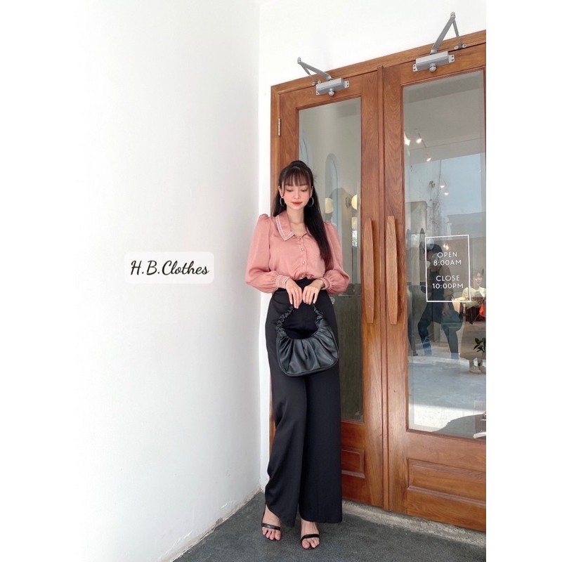 HB Set áo sơ mi cổ phối ren và quần ống suông | BigBuy360 - bigbuy360.vn