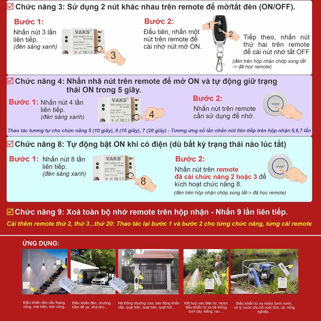 Thiết Bị Điều Khiển Từ Xa Thông Minh VAKS, phát sóng Radio tần số cao RF 433MHz, xuyên tường, xuyên kính