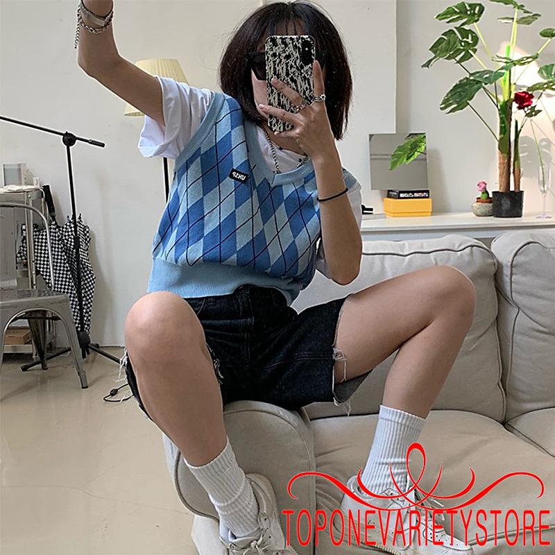 Áo sát nách dệt kim cổ chữ V in họa tiết hình thoi cổ điển thoáng khí giữ ấm cho nữ | BigBuy360 - bigbuy360.vn