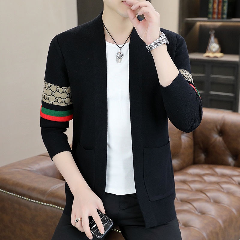 Áo Khoác Cardigan Dệt Kim Tay Dài Cổ Đứng Họa Tiết Kẻ Sọc Phong Cách Hàn Quốc Cho Nam Giới Trung Niên