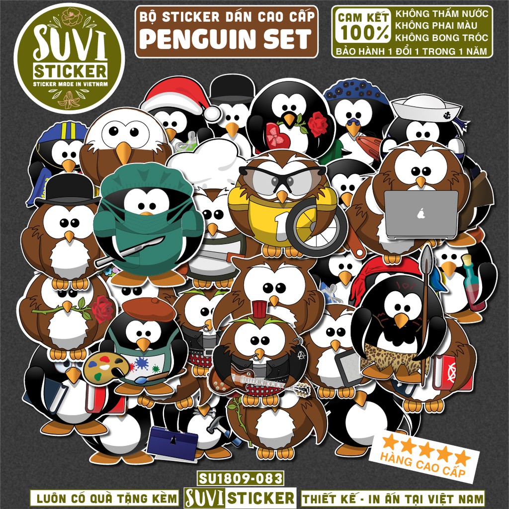 Sticker Cute Peguin chống nước sticker dán laptop, nón bảo hiểm, xe, điện thoại, vali. MSP: A16