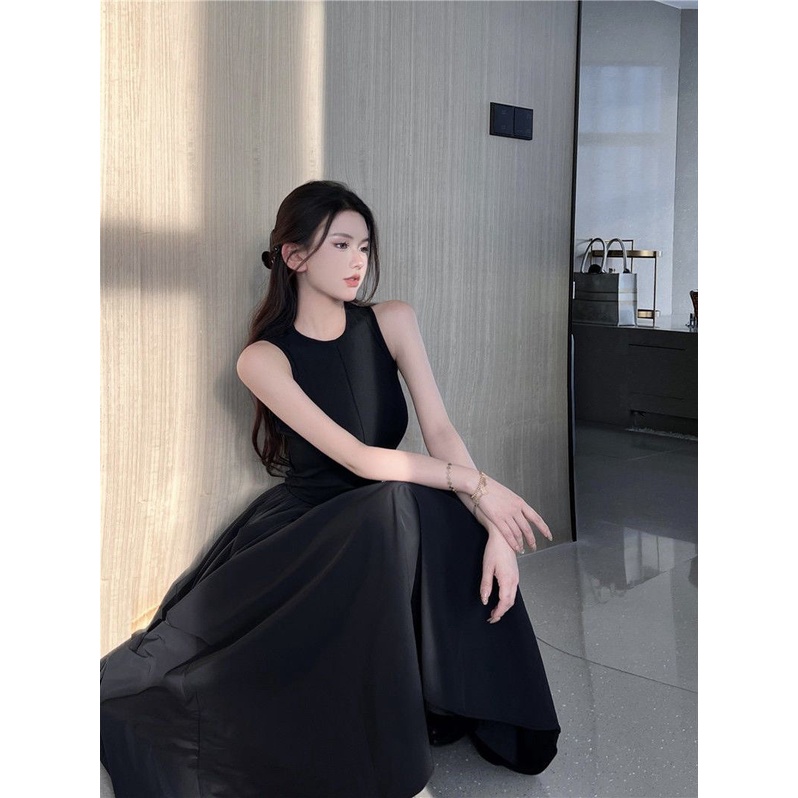 Đầm Midi Không Tay Màu Đen Thiết Kế Đơn Giản Thời Trang Mùa Hè Theo Phong Cách Pháp
