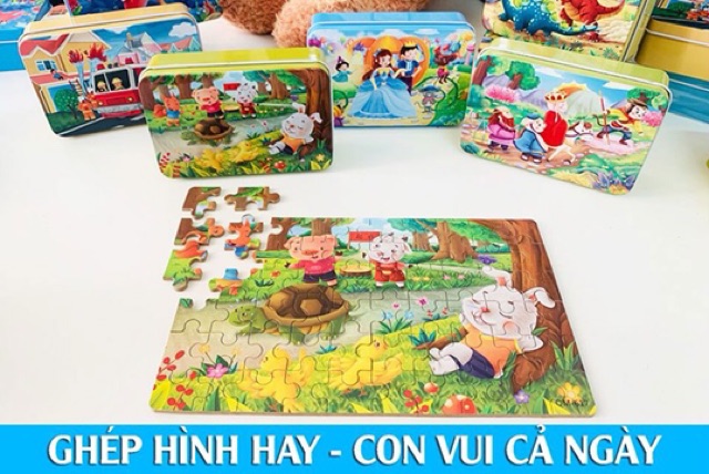 Bộ Ghép Hình Tư Duy 60 Chi Tiết chất liệu gỗ Có Hộp Đựng Bằng Thép Xịn Xò