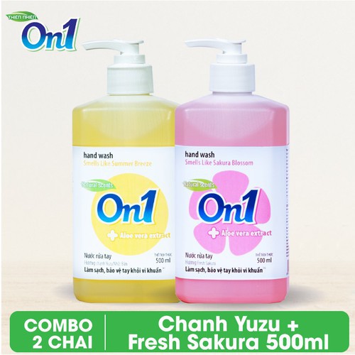 COMBO 2 chai Nước rửa tay sạch khuẩn On1 500ml hương Chanh YUZU và Fresh Sakura
