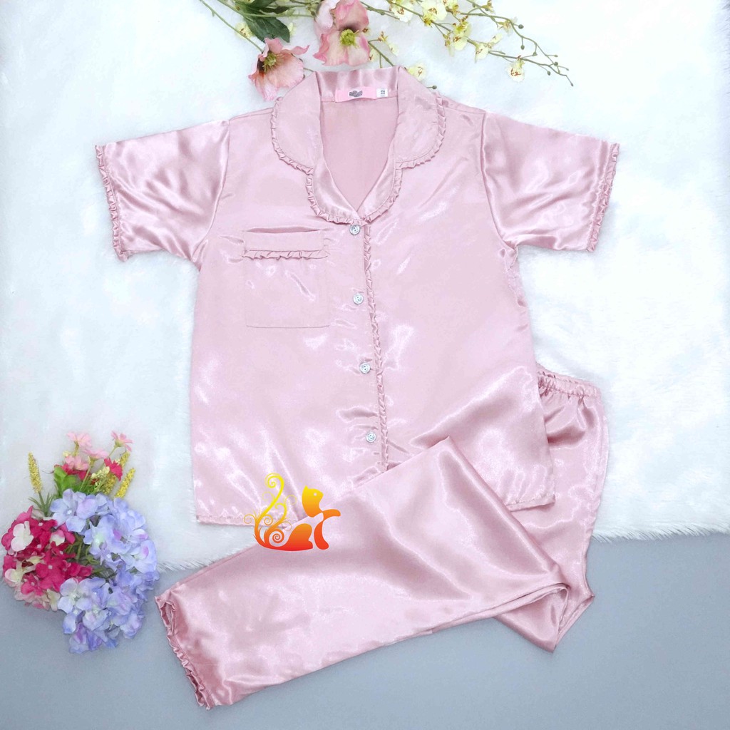 Đồ Bộ Mặc Nhà Pijama Phi Lụa " Viền Bèo " Quần Dài Cao Cấp - Từ 38kg - 48kg - Size12. | BigBuy360 - bigbuy360.vn