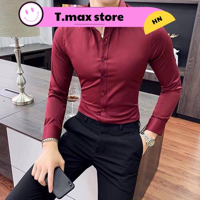 Áo Sơ Mi nam 💖FREESHIP💖 Áo Sơ mi Nam ĐỎ ĐÔ- Chất liệu lụa cao cấp, chất vải mềm mịn, dáng slimfit trẻ đẹp