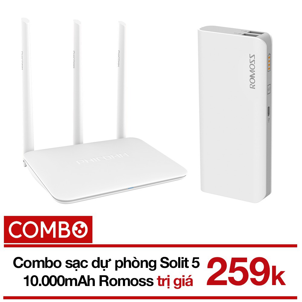 Combo Router Wifi Chuẩn 802.11n Phicomm KE 2M (300Mbps) + Pin sạc dự phòng 10.000mah Romoss Solit 5 (Trắng) - Chính hãng