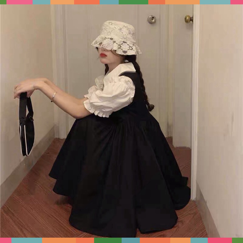 Đầm Yếm Nữ Đen Kèm Áo Ngắn Tay Bồng Siêu Xinh | BigBuy360 - bigbuy360.vn