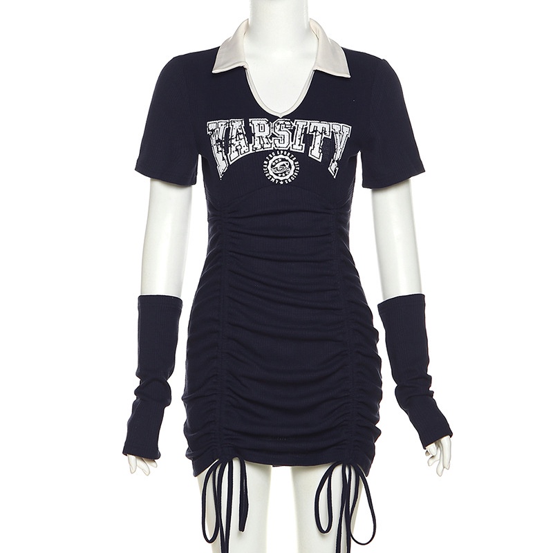 Kliou Đầm  ngắn tay ôm dáng rút dây eo co giãn in chữ phong cách Hàn Quốc ngọt ngào cho nữ