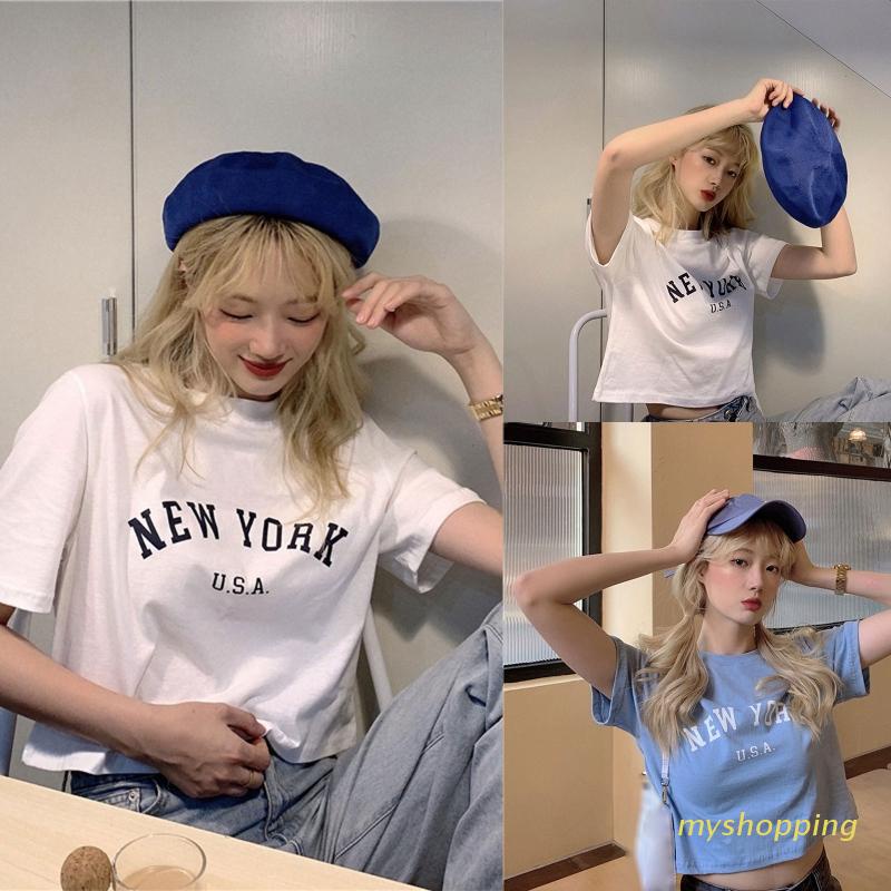 Áo Thun Crop Top Cổ Tròn Tay Ngắn In Chữ Thanh Lịch Dành Cho Nữ