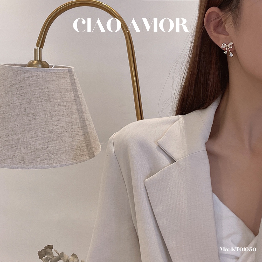 KT0149-Khuyên tai nữ, hoa tai ngắn nơ xà cừ dễ thương Trang sức Ciao Amor