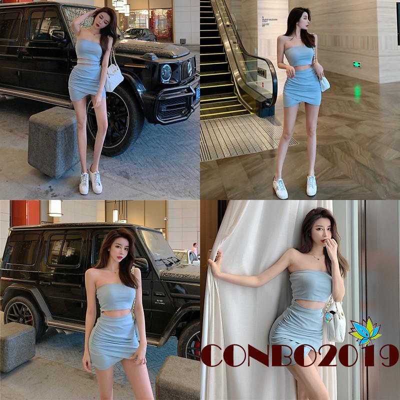 Set áo croptop không tay kèm chân váy lưng cao màu sắc thời trang cho nữ