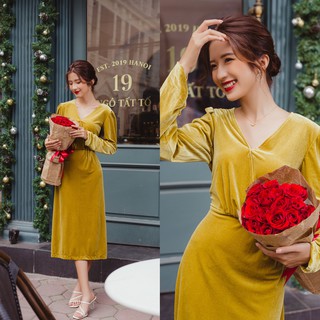 Đầm nhung midi cổ v sang trọng thu đông aholic v2505