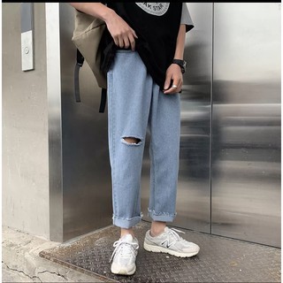 Quần jean baggy xanh nam, nữ ống rộng rách gấu, dáng suông, không phai màu-R01