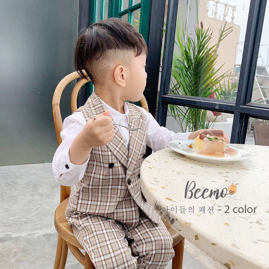Bộ set quần áo gile Beemo cho bé trai cổ vest kẻ caro phong cách Hàn Quốc bảnh bao - 20B114