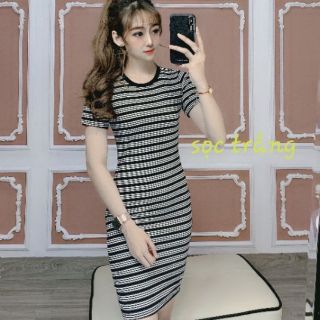 Đầm Body Ngắn Tay Cổ Tròn gân tăm sọc trắng đen, sọc vàng đen