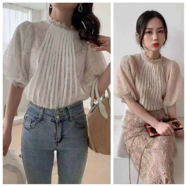 Áo ren lưới 2️⃣ lớp xếp ply ,cổ kín viền đăngten, tay bí
