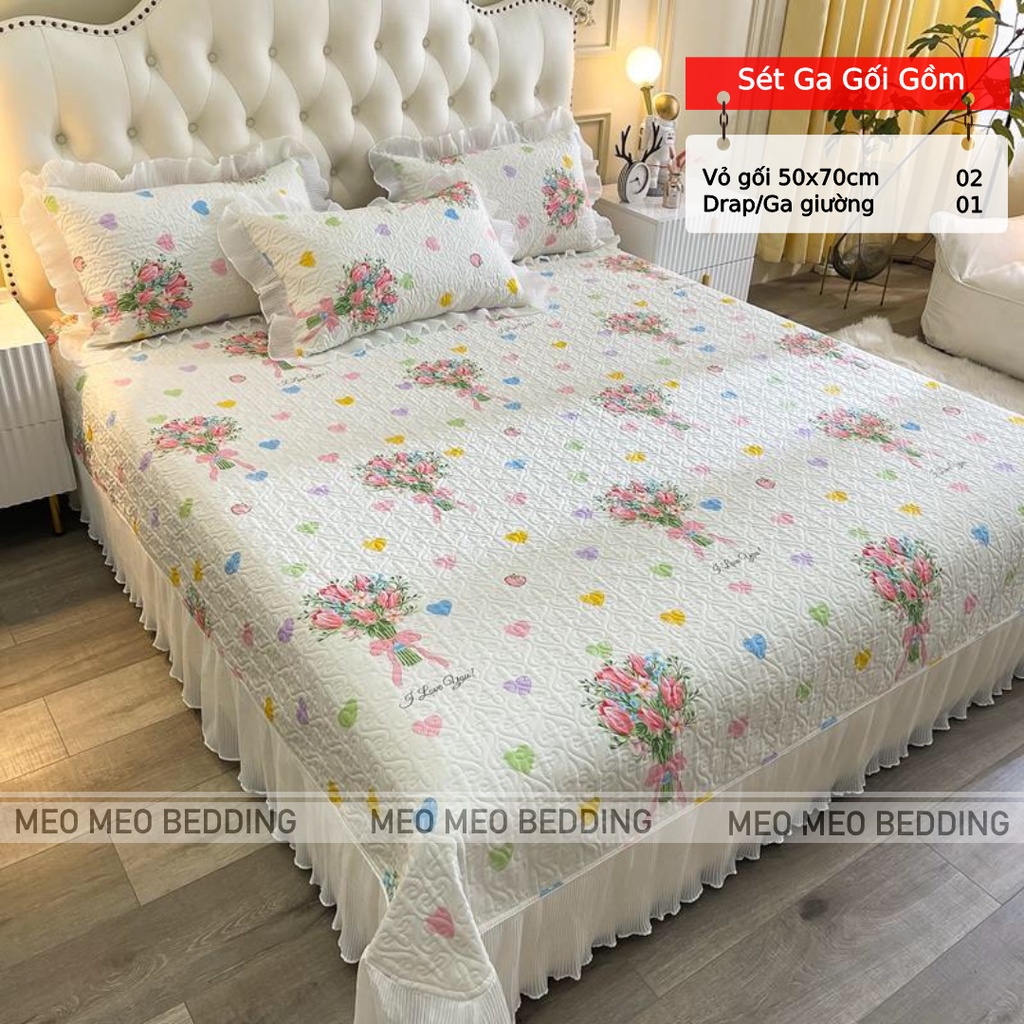 Bộ Chăn Ga Gối Cotton Ga Trần Phối Ren Cao Cấp