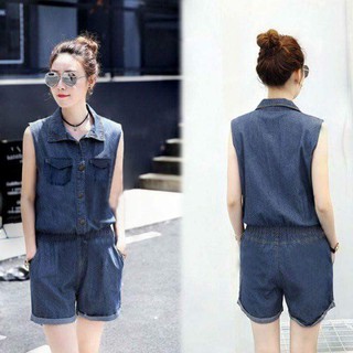 Jumsuit đồ bay jean short cổ sơ mi phối túi sành điệu