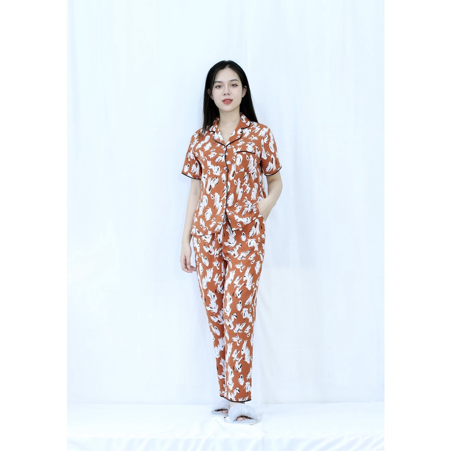 Bộ đồ Pijama nữ quần dài tay ngắn MÀU NÂU CAM CÁNH CHIM TRẮNG - SIÊU XINH - vải lụa COTTON - Cực Kì Sang Chảnh