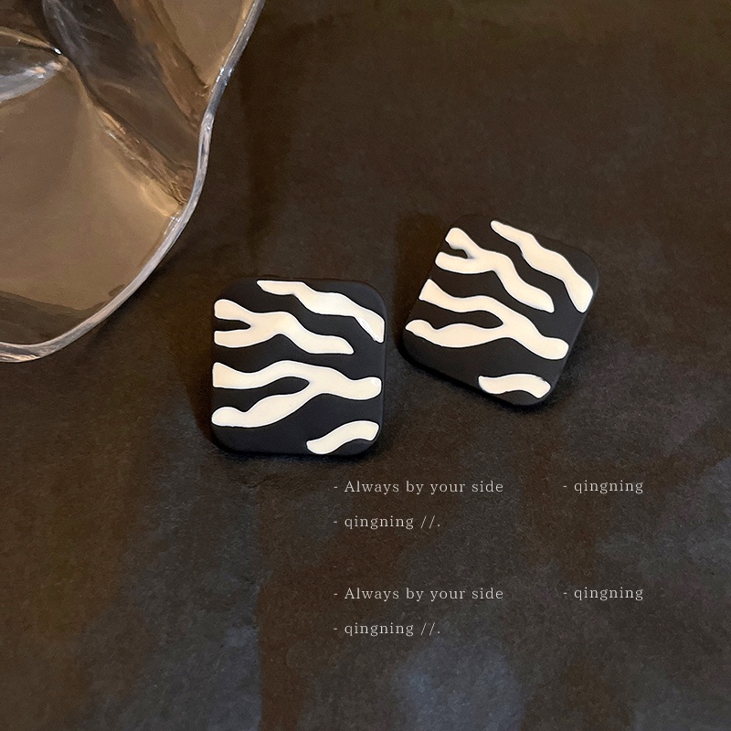 DREJEW Khuyên tai mạ bạc 925 hình vuông kẻ sọc đen trắng phong cách Hàn Quốc đơn giản cho nữ