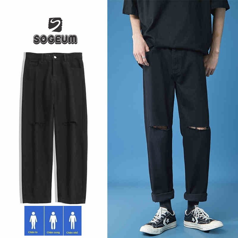 Quần jean nam baggy rách gối, Quần bò nam nữ ống rộng rách gấu màu đen, xanh SOGEUM