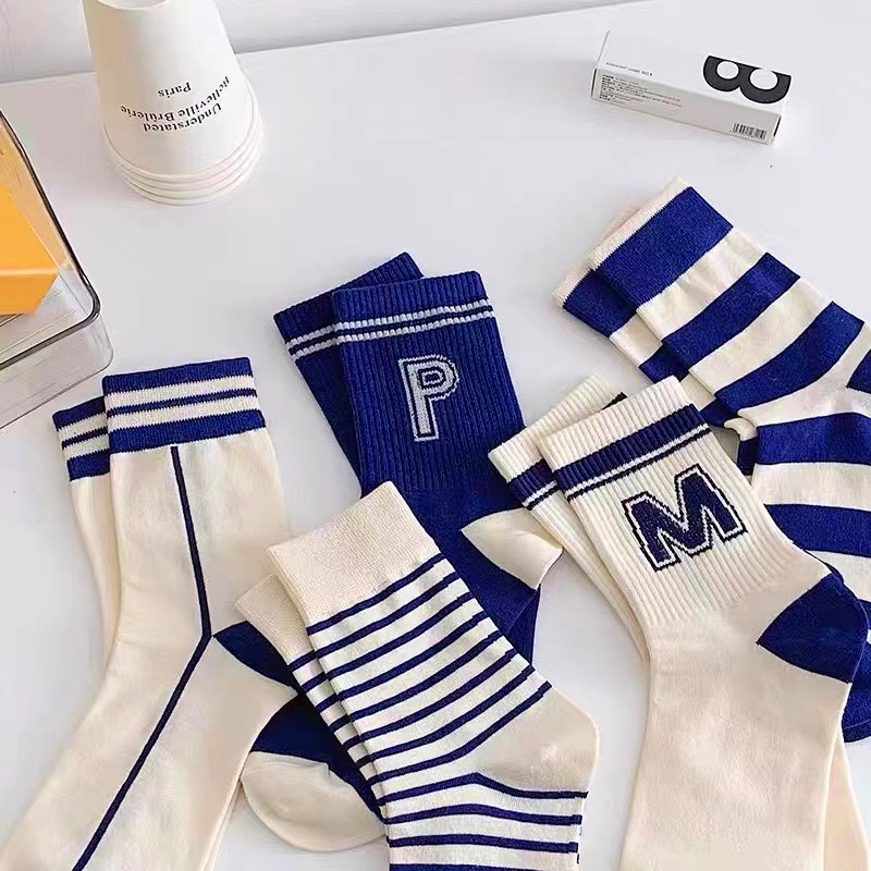 Vớ Cotton Cổ Cao Vừa In Chữ Màu Xanh Navy Thời Trang Cho Nam Và Nữ