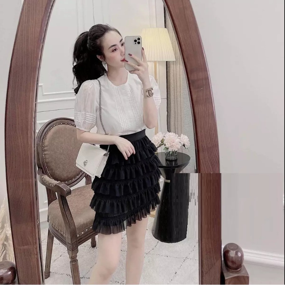 Chân váy xòe ngắn dáng tiểu thư, chân váy 5 tầng xếp ly dáng ngắn - HÀNG LOẠI 1