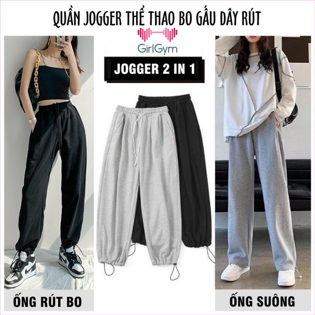 Quần nỉ Jogger nữ thun trơn da cá, quần bo dây rút dài ống rộng có Bo simple mặc 4 mùa thoải mái Girl Gym