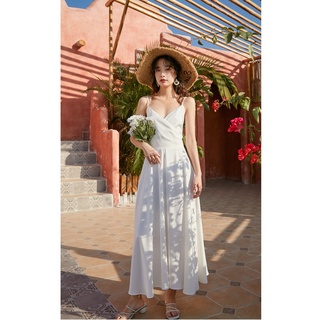 Váy maxi trắng xòe buộc nơ phía sau