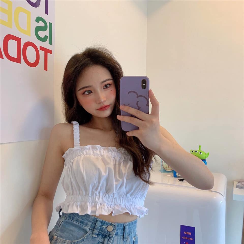 A015 Áo 2 dây nhún ngực viền bèo tiểu thư cute croptop ôm body tím trắng, áo crt ba lỗ hai dây Ulzzang bánh bèo