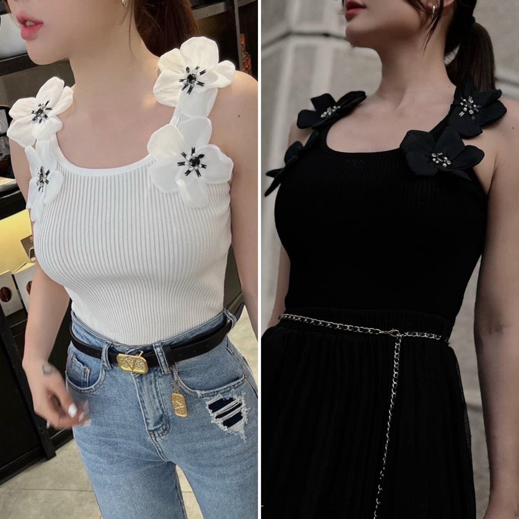 Áo 2 dây len đính hoa nổi sang chảnh