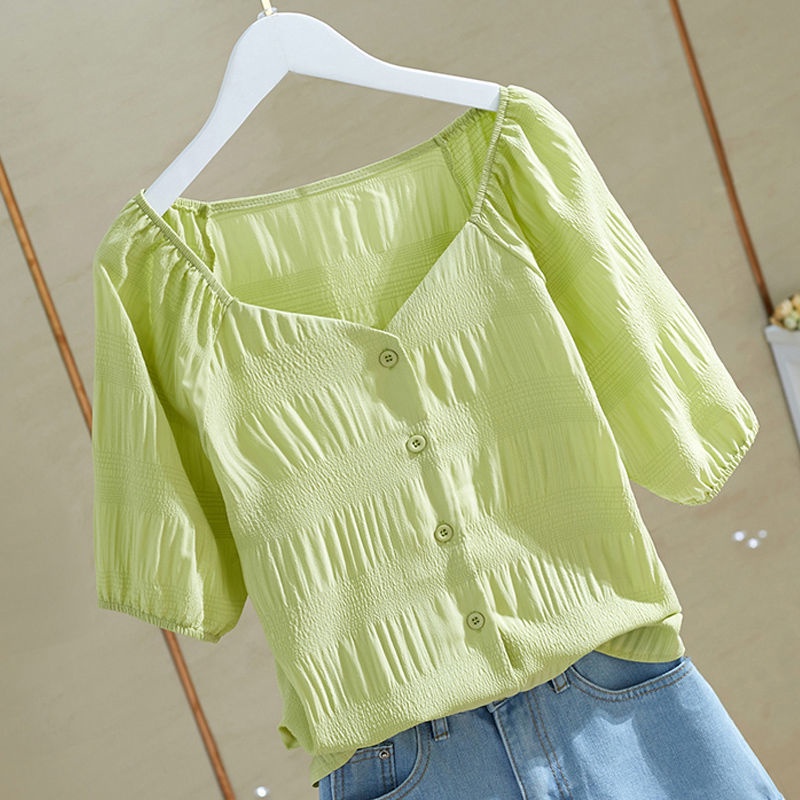 Áo Sơ Mi Trơn Ngắn Tay S-3xl 164524 Áo Sơ Mi Cổ Chữ v Dáng Rộng Xếp Ly Thời Trang