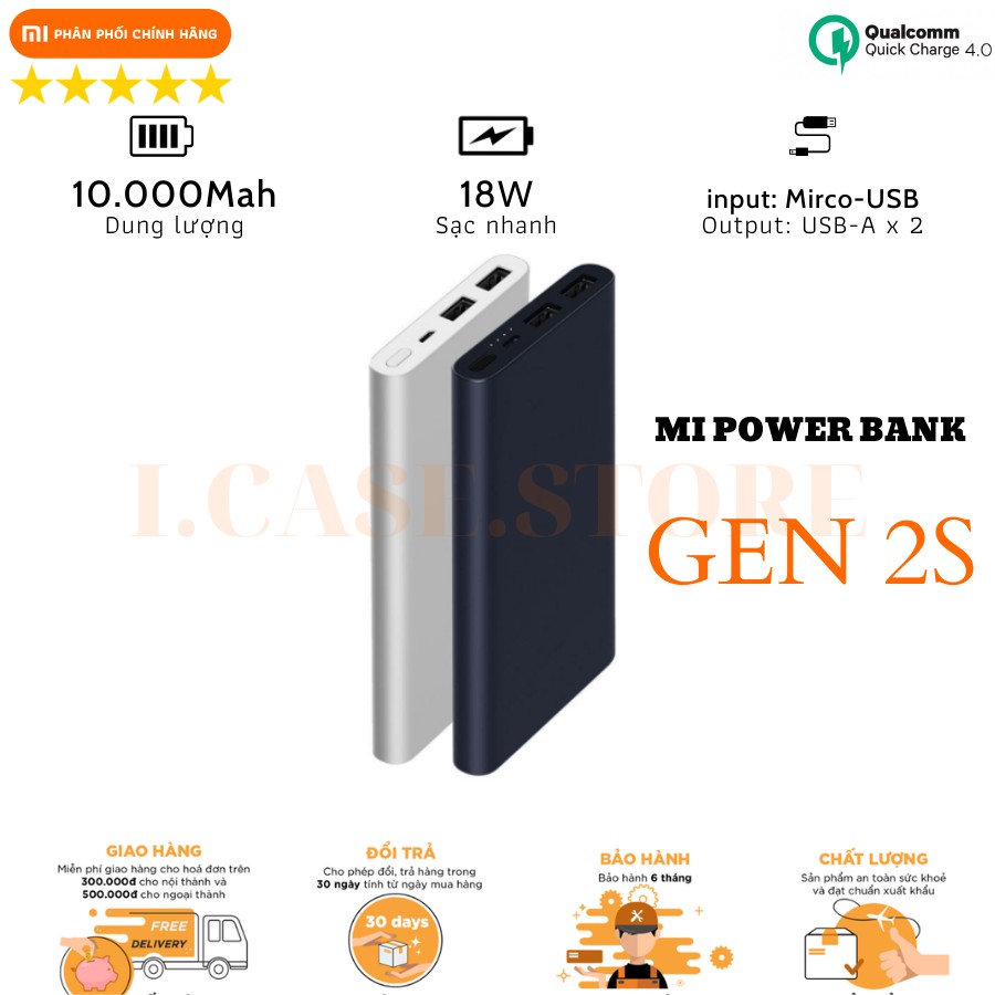 Pin sạc dự phòng Xiaomi 10000mAh gen 2S 2 Cổng USB Hỗ Trợ QC 3.0 Bh 6 tháng  I.CASE [vthm9]
