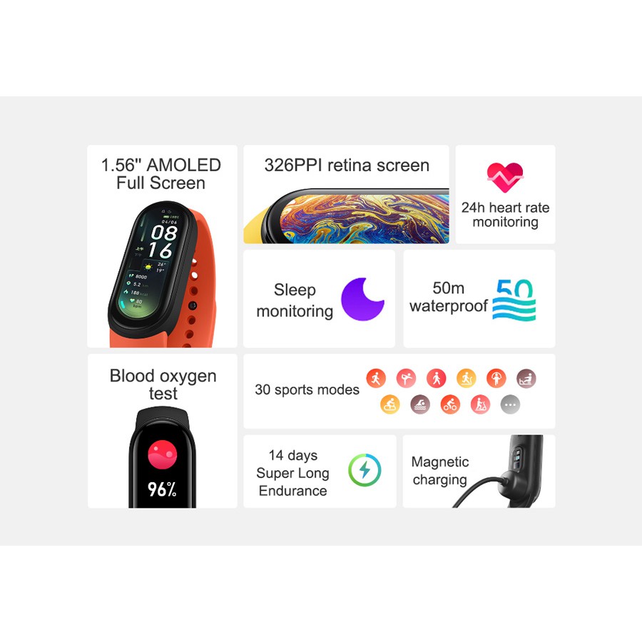 Vòng Đeo Tay Thông Minh Mi Band 6 Theo Dõi Nhịp Tim Màn Hình Oled 1.6inch Kết Nối Bluetooth