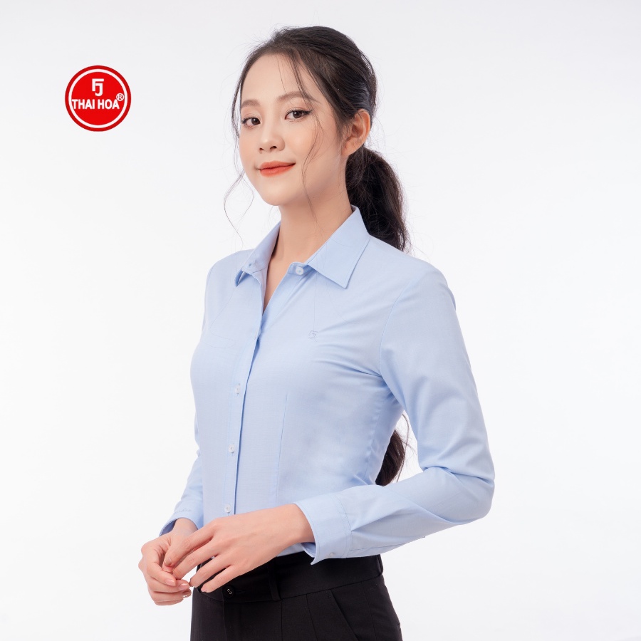 Áo sơ mi nữ Thái Hòa 9002-02-01 dài tay cổ đức vải sợi tre cao cấp màu xanh dương